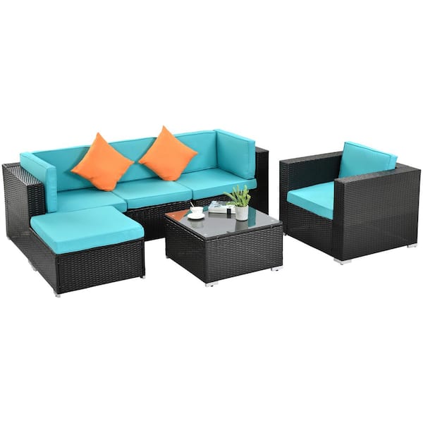 Unbranded Black 6-Piece PE Rattan Wicker Patio Conversation Set Blue Cushion, 2 Pillows and Coffee Table