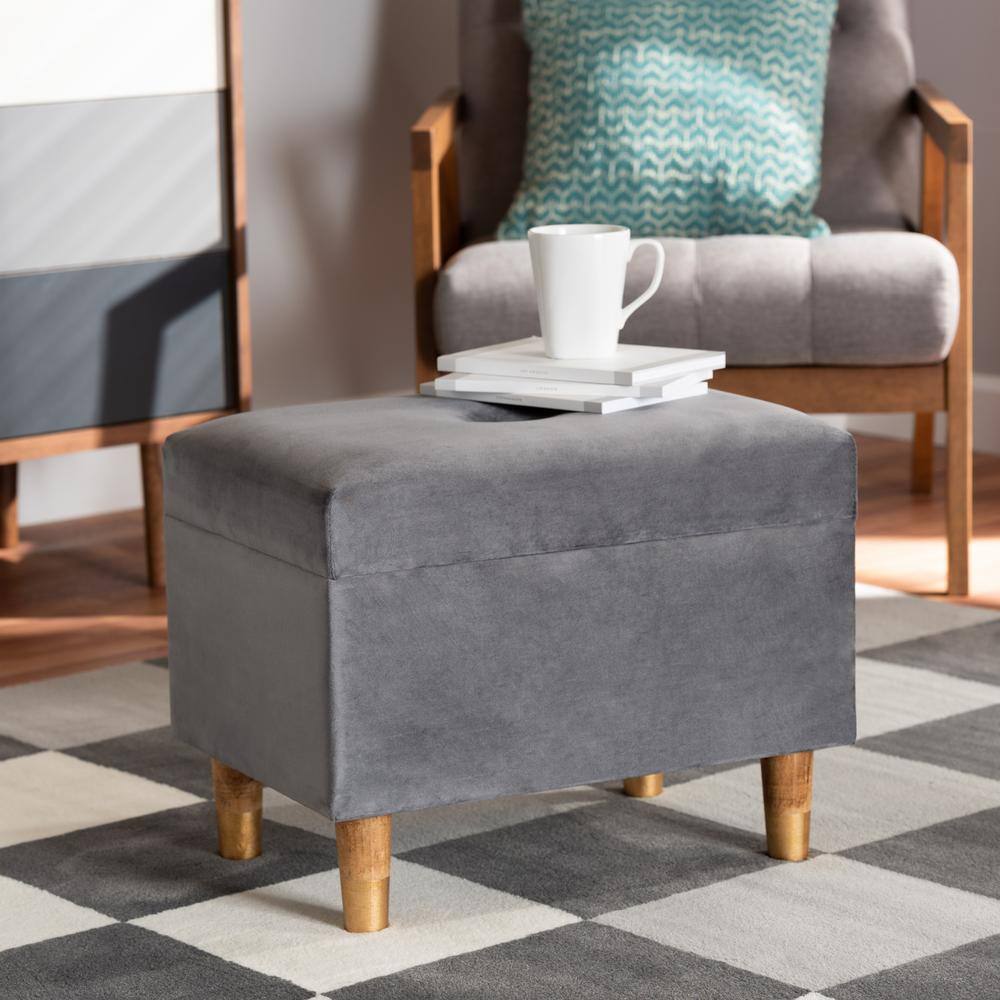 Elias Grey Velvet Upholstered Storage Ottoman with Oak Legs