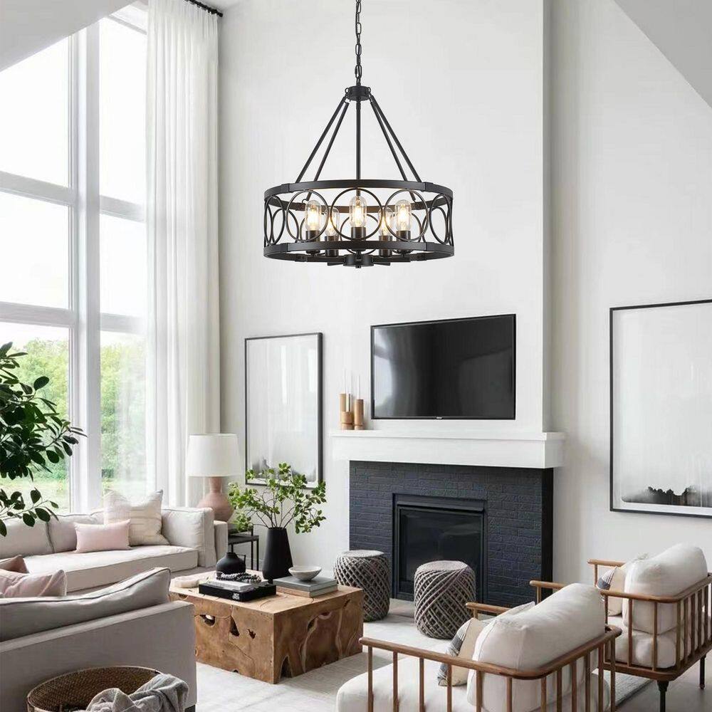 Boswell Quarter 20 in 5-Light Black Drum Farmhouse Rustic Chandelier for Kitchen Island with no bulbs included price history on PriceWatchPro