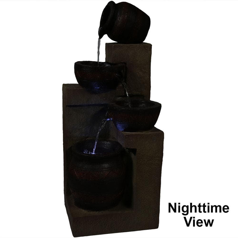 30-Inch Brown Polystone Solar Powered Cascading Water Fountain with LED Light