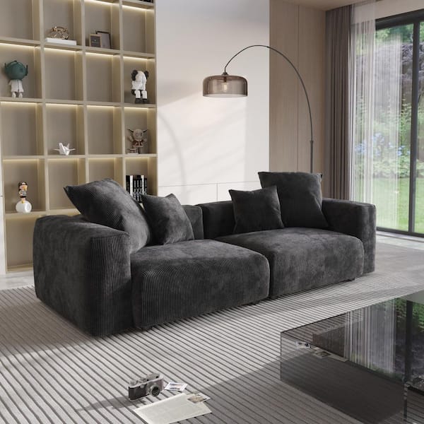 102.36 in. W Square Arm 2-Piece Corduroy Modular Free Combination Sectional Sofa in. Black with Removable Slipcovers