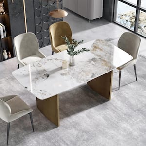 70.87 in. Pandora Rectangle Sintered Stone Tabletop Kitchen Dining Table with Bronze Double Pedestal Metal Base (Seat 6)