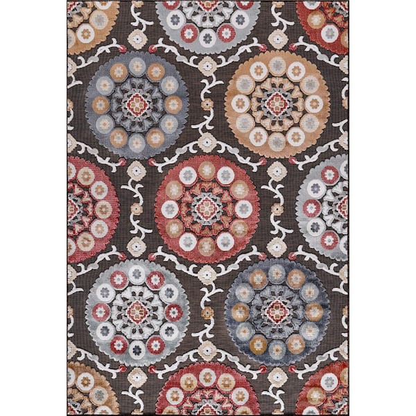CAMILSON Bloom Brown 9 ft. x 12 ft. Bohemian Medallion Floral Indoor/Outdoor Area Rug
