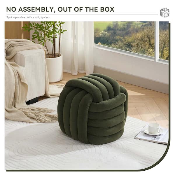19.3 in. Green Square Chenille Pouf Modern Knot Design Ottoman