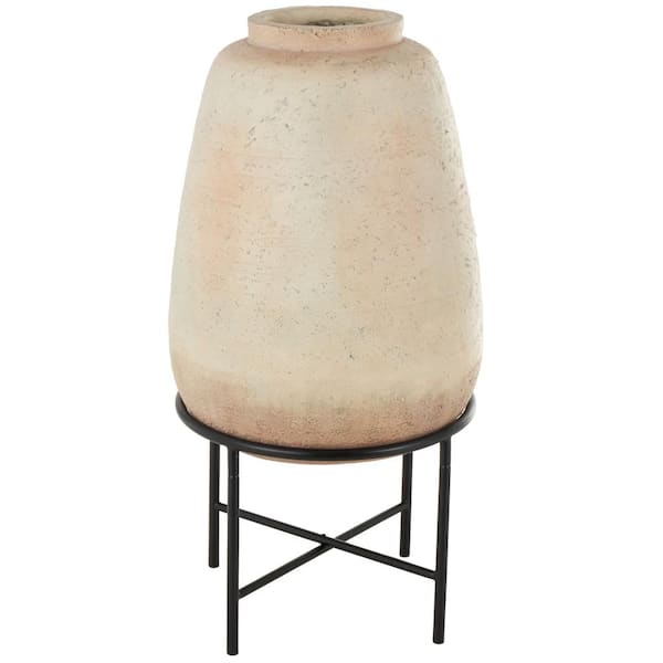 Litton Lane 34 in. Beige Wide Magnesium Oxide Decorative Vase with Black Metal Stand