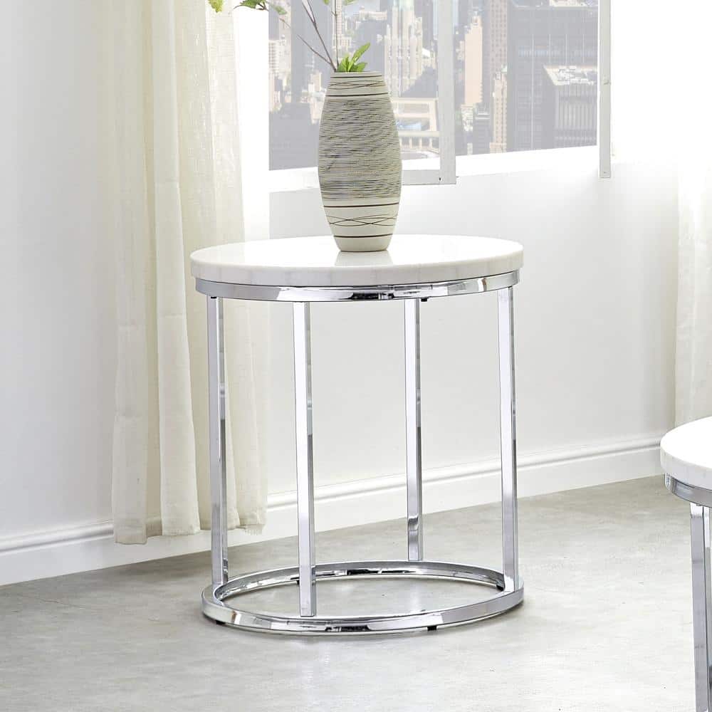 Echo 22" White Marble and Chrome Round End Table