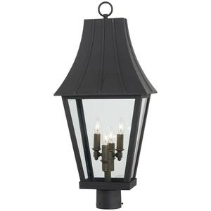 Chateau Grande 4-Light Black and Burnt Gold Outdoor Post Lantern with Clear Glass