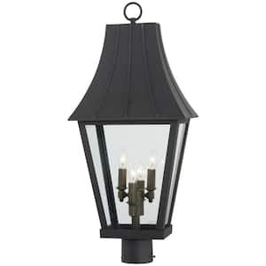 Chateau Grande 4-Light Black and Burnt Gold Outdoor Post Lantern with Clear Glass