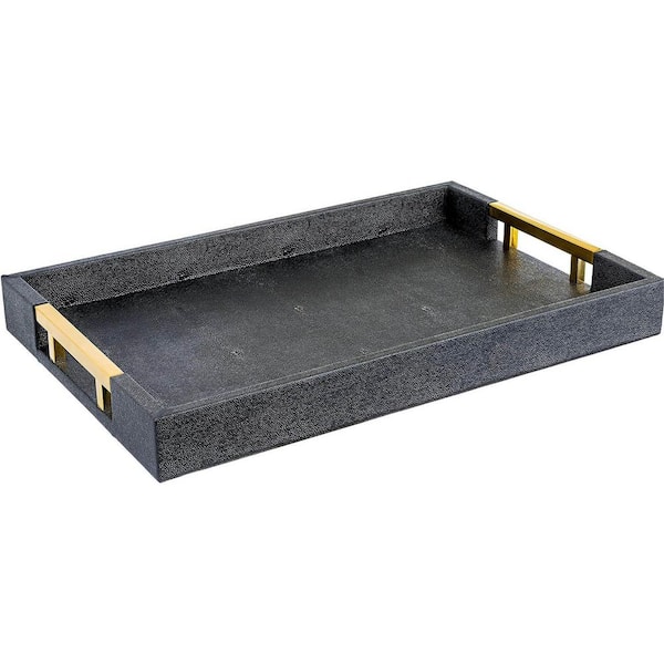 Black/Gold Rectangular Faux Leather Decorative Serving Tray with Handles