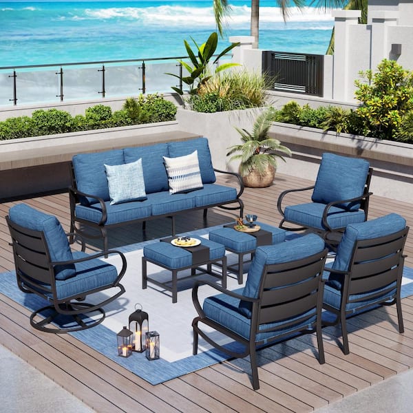 PHI VILLA Black Slatted 9-Seat 7-Piece Metal Outdoor Patio Conversation Set with Peacock Blue Cushions 2 Swivel Chairs 2 Ottomans