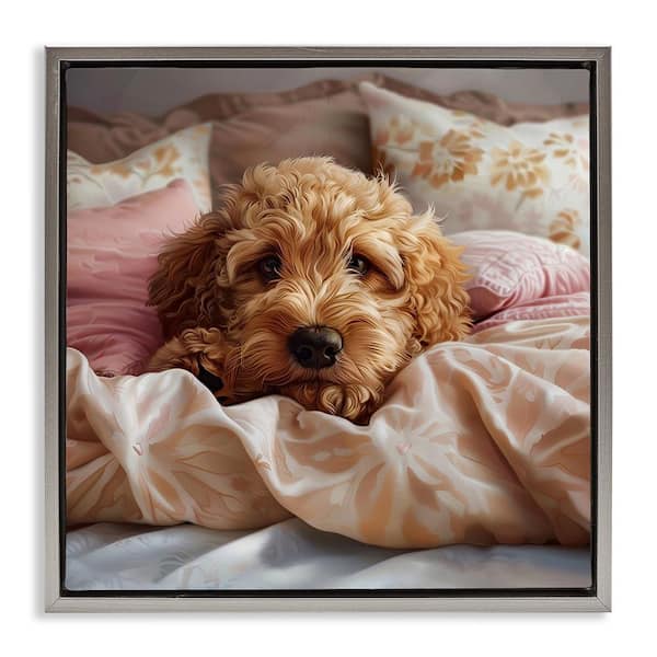 Stupell Industries Nap Time Cuddling Pup by Jim Baldwin Gray Floater Frame Animal Graphic Art Print 25 in. x 25 in.