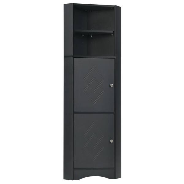 Polibi 14.96 in. W x 14.96 in. D x 61.02 in. H Black Corner Linen Cabinet with Doors and Adjustable Shelves