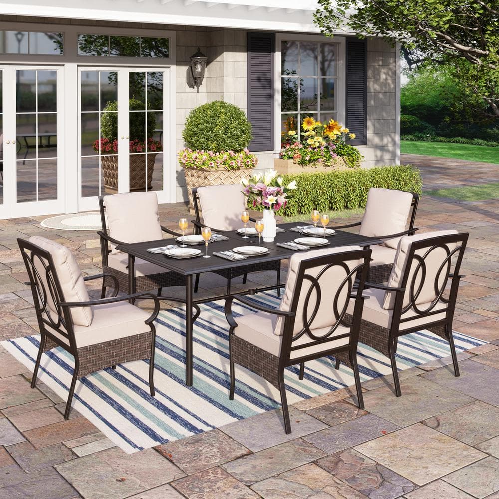 7-Piece Metal Patio Outdoor Dining Set with Black Rectangle Straight-Leg Table and Chairs with Beige Cushions price history on PriceWatchPro