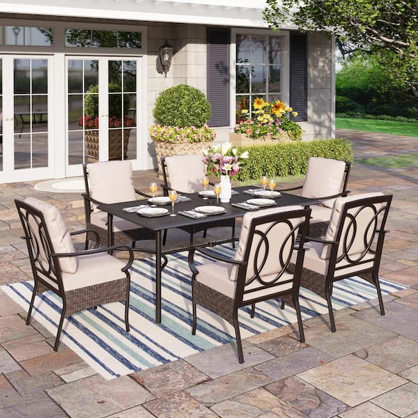 PHI VILLA 7-Piece Metal Patio Outdoor Dining Set with Black Rectangle Straight-Leg Table and Chairs with Beige Cushions