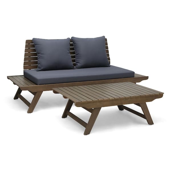 Noble House Sedona Grey 2-Piece Acacia Wood Outdoor Patio Conversation Set with Dark Grey Cushions