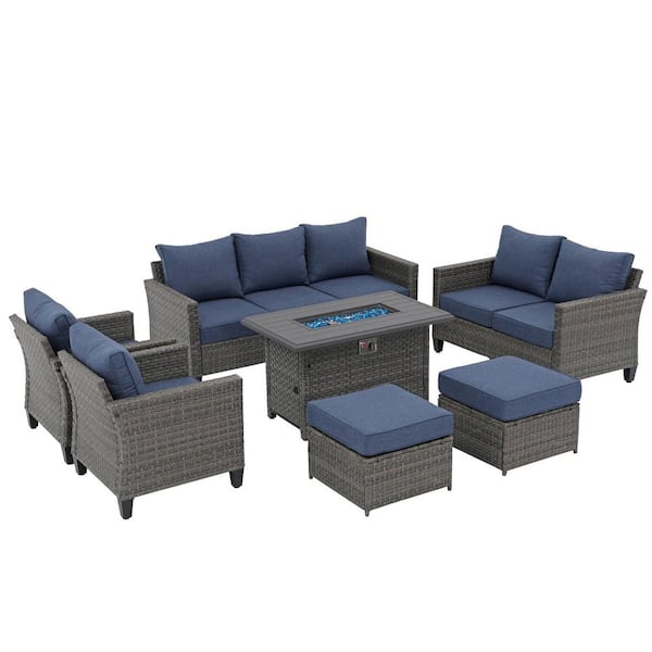7-Piece Grey Wicker Outdoor Conversation Set with Fire Pit Table and Ottomans, Blue