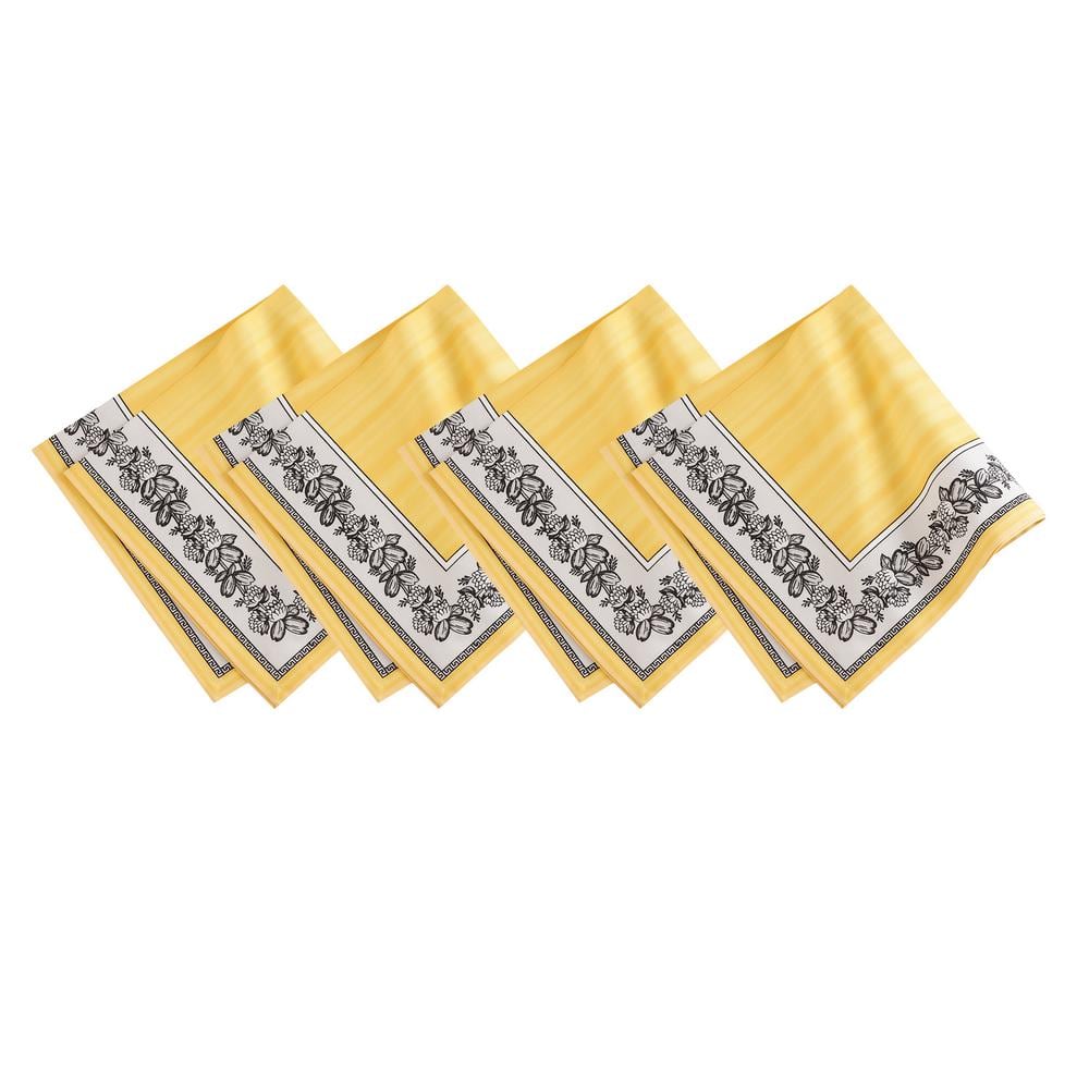Lemon Yellow Cotton Floral Border Napkins, Set of 4