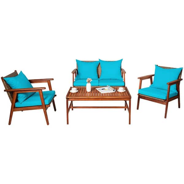 WELLFOR 4-Pieces Wood Patio Rattan Conversation Set with Turquoise Cushions