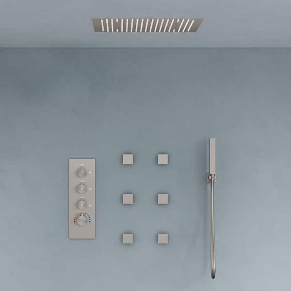 LED Lighting 7-Spray 20 in. Ceiling Mount Dual and Handheld Shower with Slider Bar in Brushed Nickel (Valve Included)