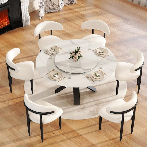 Modern 59.0 in. White Rotable Lazy Susan Round Sintered Stone Tabletop with Black Pedestal Base Dining Table (Seats-8)