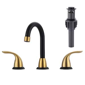 8 in. Widespread Double Handle Bathroom Faucet with Drain Kit Included in Gold and Black