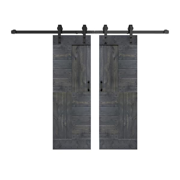 ISLIFE S Series 56 in. x 84 in. Carbon Gray Finished DIY Solid Wood Double Sliding Barn Door with Hardware Kit