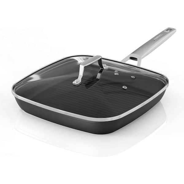 11 in. Square Nonstick Grill Pan with Lid Limestone Coating Stay-Cool Handle Oven Safe for Induction Stove