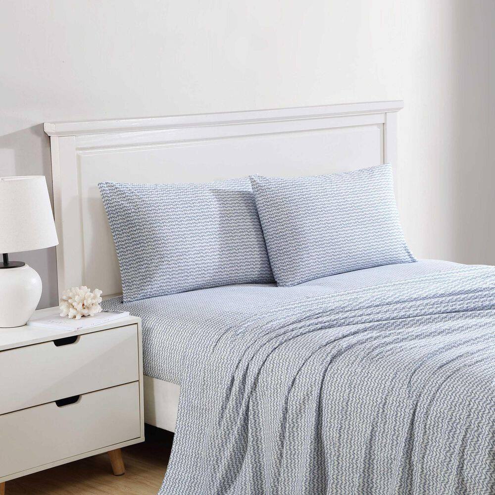 Twin XL Blue Ikat Wave Cotton Percale Bedding Set