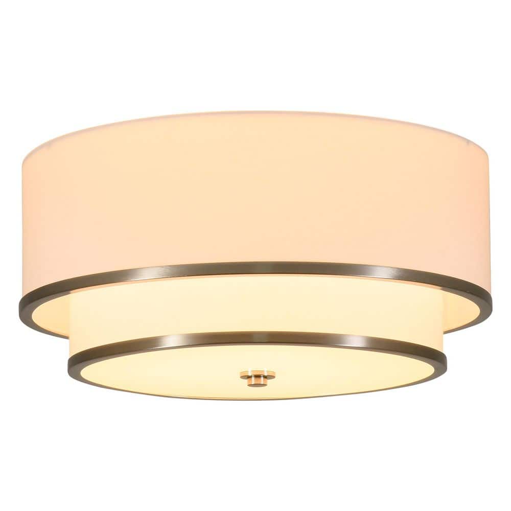 15.74 in. 3-Light Farmhouse Drum Brushed Nickel Semi-Flush Mount Ceiling Light White Double Layer Fabric Shade for Foyer price history on PriceWatchPro