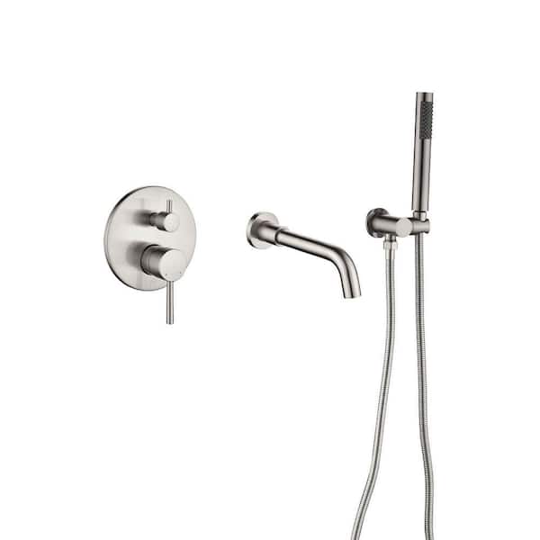 2-Handle Wall-Mount Roman Tub Faucet with Hand Shower Modern 3 Hole Brass Bath Tub Fillers in Brushed Nickel
