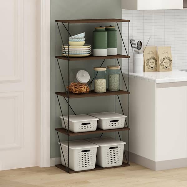 Furinno Besi 26.4 in. Tall Columbia Walnut Wood 5-Shelf Bookcase with Metal Frame