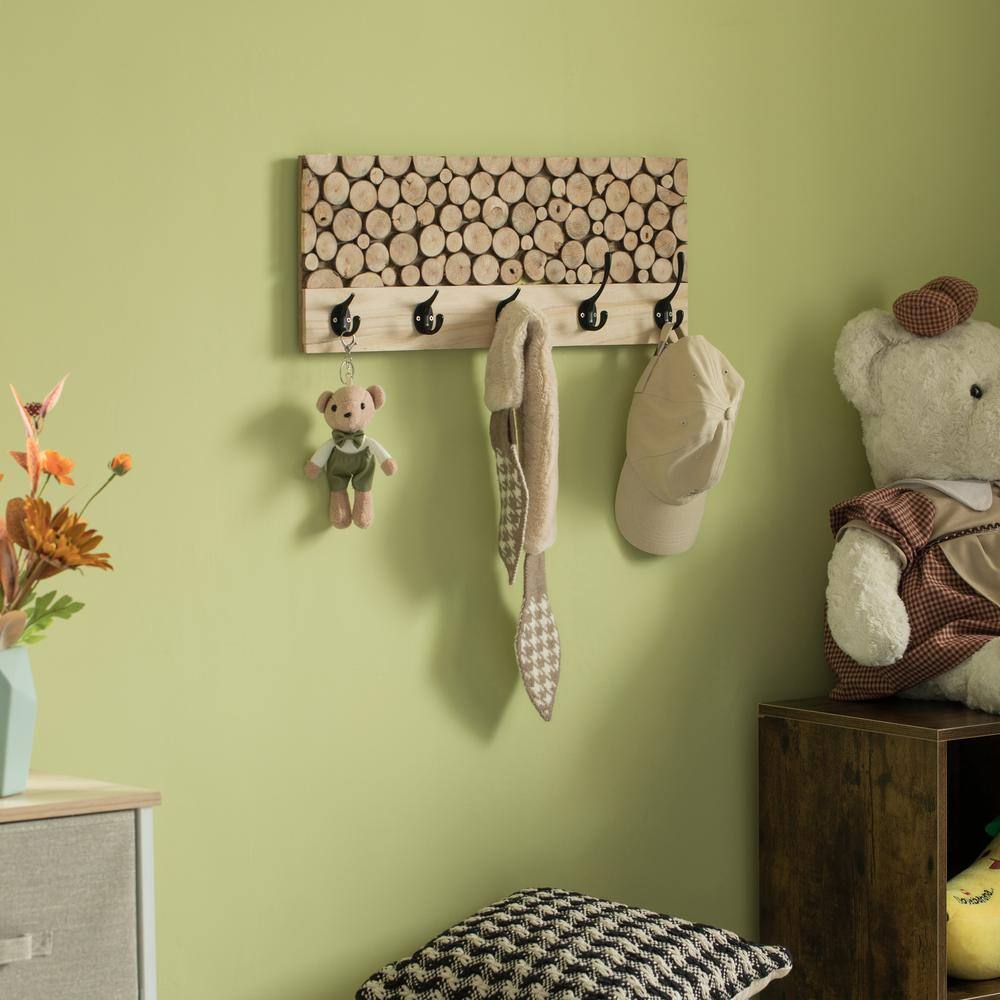 Natural Wood Rustic Hook Rack with Five Black Hooks