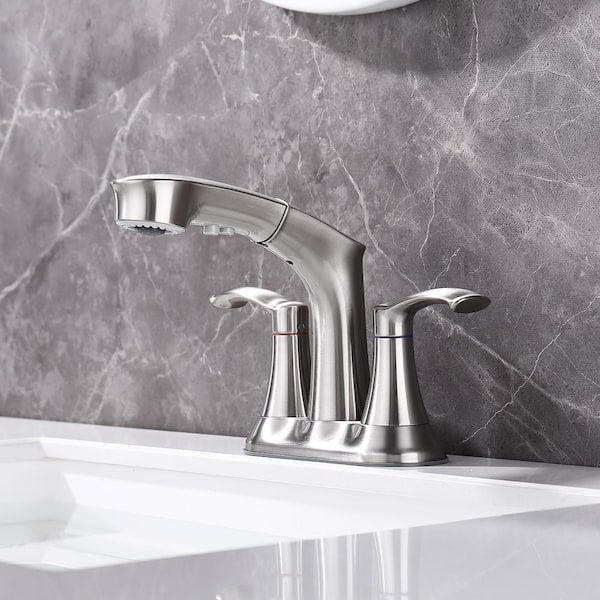 4 in. Centerset Double Middle Arc Bathroom Faucet with Pull Out Sprayer, Supply Line included in Brushed Nickel