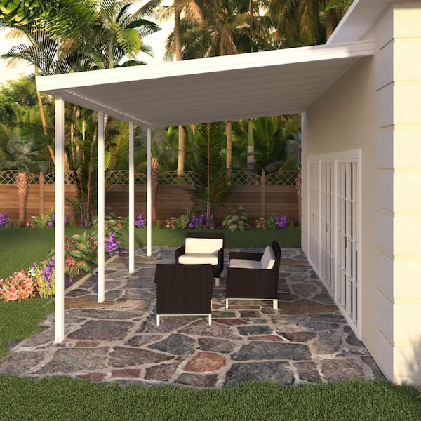 Integra 8 Ft X 18 White Aluminum Attached Solid Patio Cover With 4 Posts Maximum Roof Load 30 Lbs 1253006700818 The Home Depot Integra 8 Ft X 18 White Aluminum, Patio Cover Roof