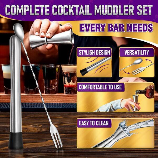 Esepony Silver Muddler, Cocktail Spoon and Jigger Set with Stylish