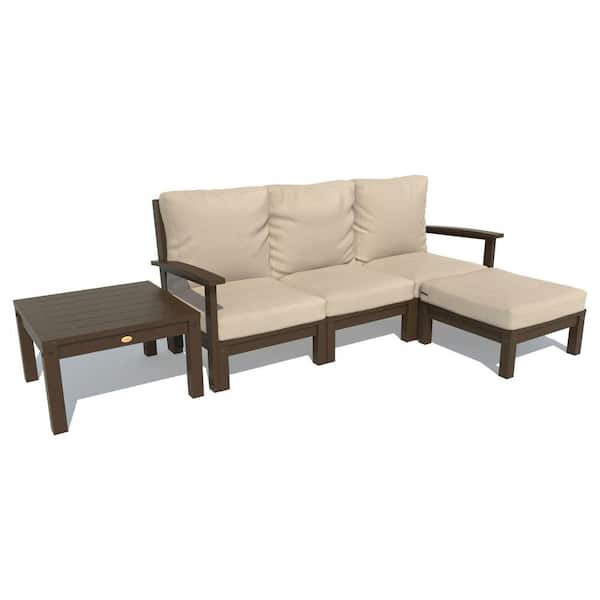 Highwood Bespoke Deep Seating 3-Piece Plastic Outdoor Couch, Ottoman and Side Table with Cushions