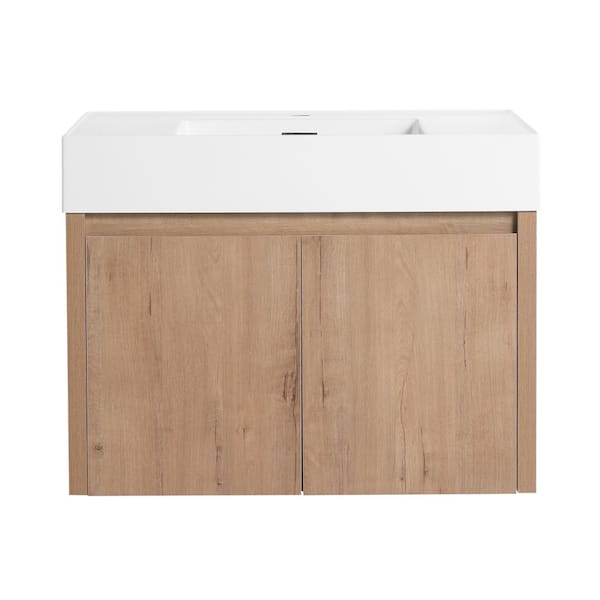 29.5 in. W x 18.1 in. D x 22.4 in. H Wall-Mounted Bath Vanity in Light Brown with White Resin Vanity Top