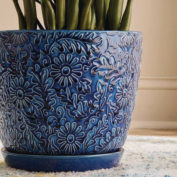 Vigoro 10 in. Lillian Blue Floral Decor Glazed Ceramic