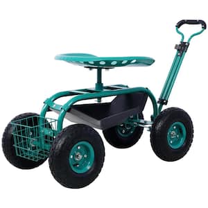 Ami Green Steel Rolling Garden Cart with Extendable Steering Handle, Swivel Seat and Basket