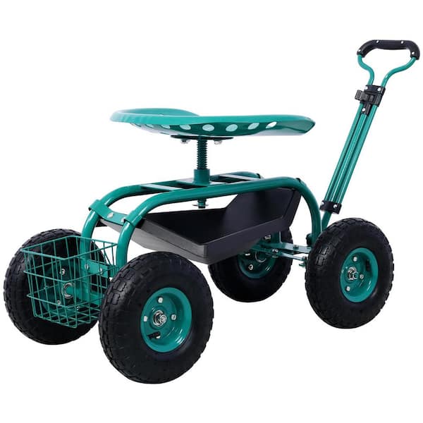 Miscool Ami Green Steel Rolling Garden Cart with Extendable Steering Handle, Swivel Seat and Basket