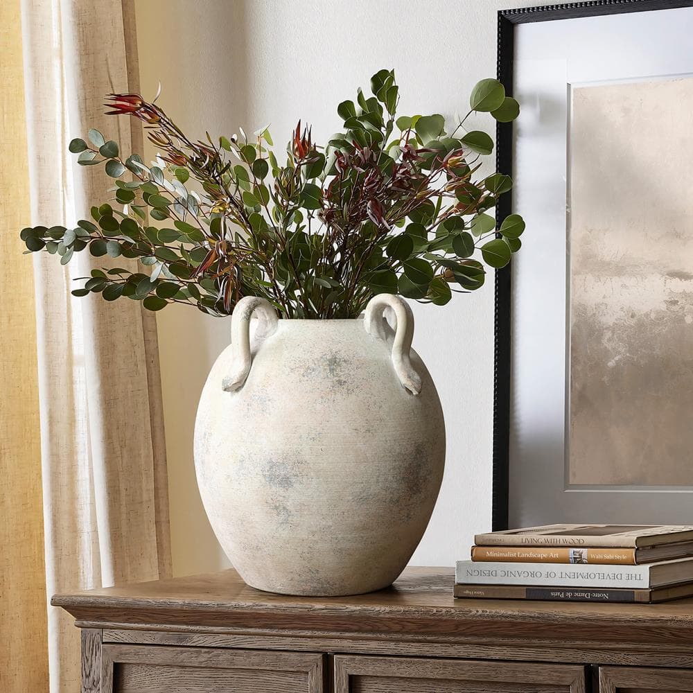 Handcrafted Gray and White Ceramic Vase with Handles