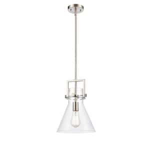 Newton Cone 1-Light Brushed Satin Nickel Clear Shaded Pendant Light with Clear Glass Shade