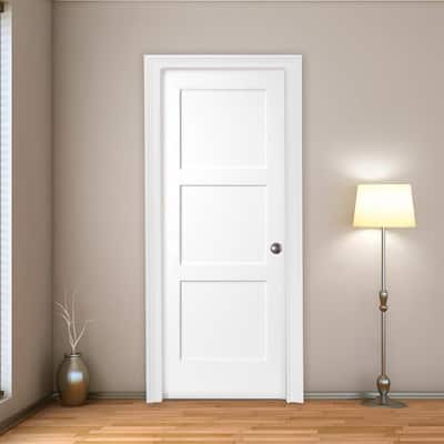 30 in. x 80 in. 3-Panel Equal Shaker White Primed LH Solid Core Wood Single Prehung Interior Door with Nickel Hinges