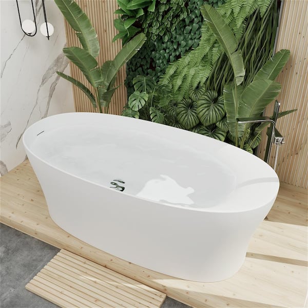 JUNO 63 in. x 30 in. Solid Surface Non-Whirlpool Soaking Bathtub with Interior Ergonomics Radian Backrest in White