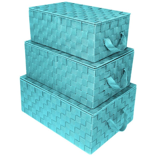 Sorbus Storage Baskets with Lid, Blue 17 in. x 7 in. Plastic Decorative Basket Set of 3, Woven Mesh Linen Closet Organizer