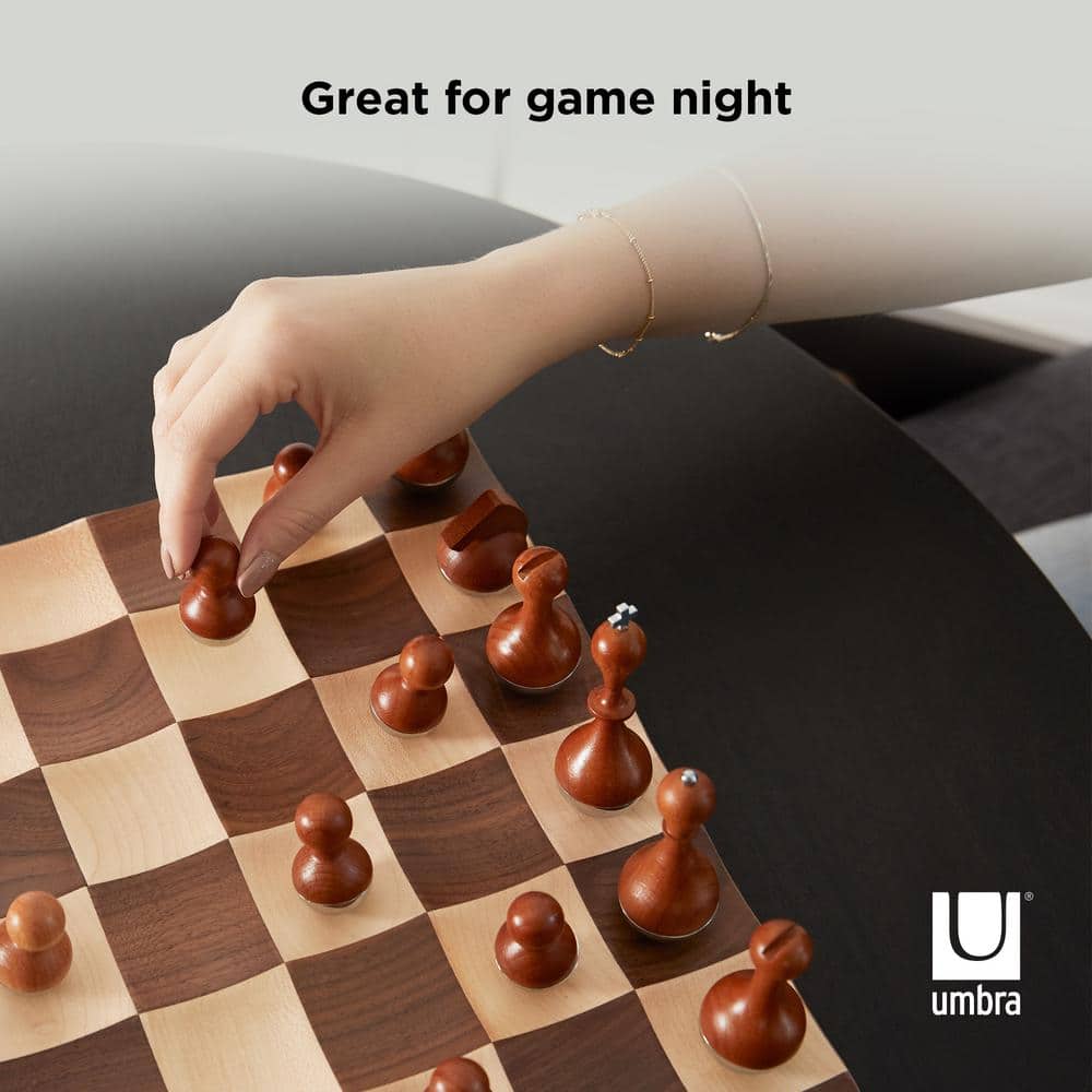 Modern Walnut and Maple Wobble Chess Set with Chrome Accents