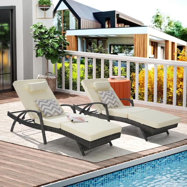 Sudzendf Wicker Outdoor Reclining Lounge Chair with Beige Cushions Recliner up to 150° Beach Poolside Garden (Set of 2)