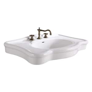 Deluxe White Porcelain Console Bathroom Sink Basin Only 6 in. Depth with Overflow and 8 in. Widespread Faucet Holes