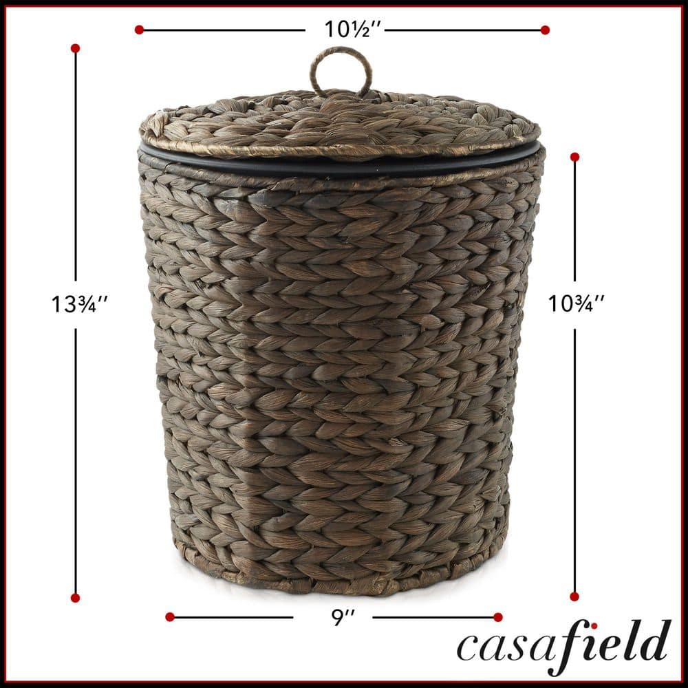 Espresso Water Hyacinth Woven Bathroom Trash Can with Lid