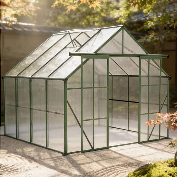 8 ft. x 8 ft. Green Double Door Polycarbonate Greenhouse Raised Base and Anchor Aluminum Heavy Duty Walk-in Greenhouses